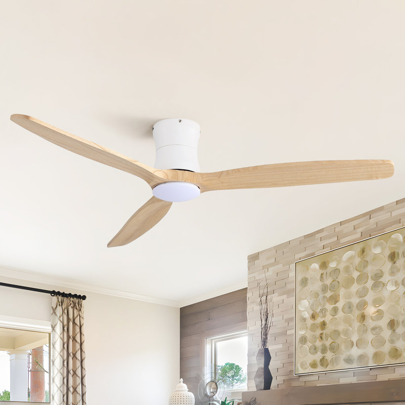 52" 3-Solid Wood Blade Transitional Modern Downrod Mount Dimmable Led Ceiling Fan With Light Kit And Remote Control