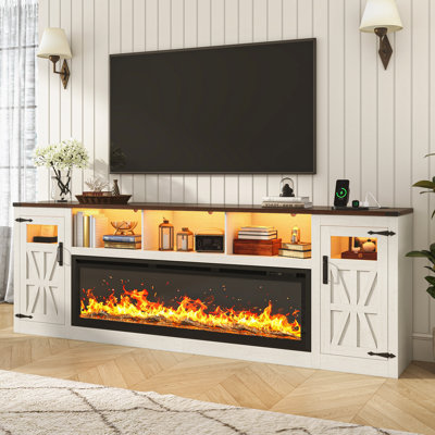95" Farmhouse Fireplace Tv Stand For Tvs Up To 100 Inch With Power Outlets, Large Media Console With 60" Electric Fireplace & Led Lights For Living Room