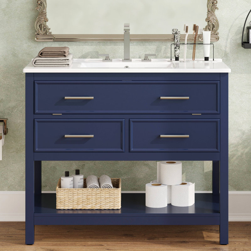 Meuble-lavabo de 36 po avec lavabo en céramique, meuble-lavabo avec plateau basculant et 2 tiroirs pleine extension, poignées argentées et glissières à fermeture en douceur, 1 tablette ouverte en bas