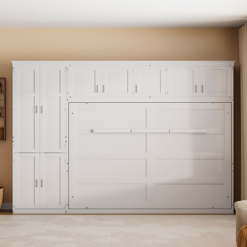 Queen Murphy Bed with Storage Cabinets and Shelves, White