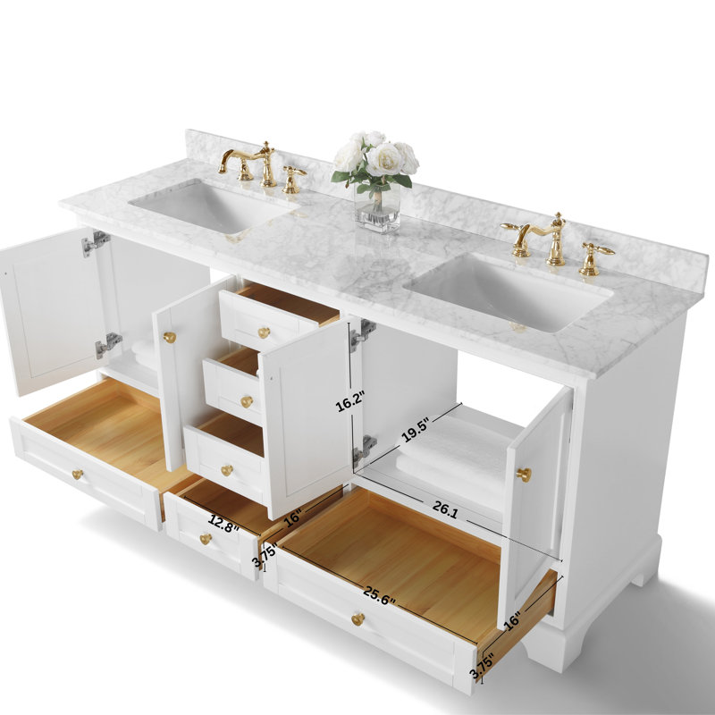 Audrey 72'' Double Bathroom Vanity with Carrara Marble Top, White | Brushed Gold