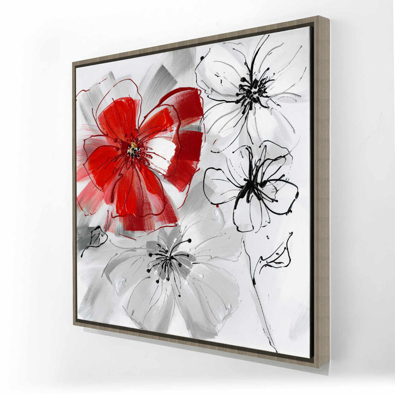 Fleurs rouges et grises - Toile encadrée illustrée