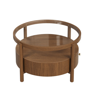 Solid Wood Round Glass Top Coffee Table with Storage Drawer, 2-Tier Mid Century Modern Circular Center Table, Walnut Wooden Cocktail Table for Living