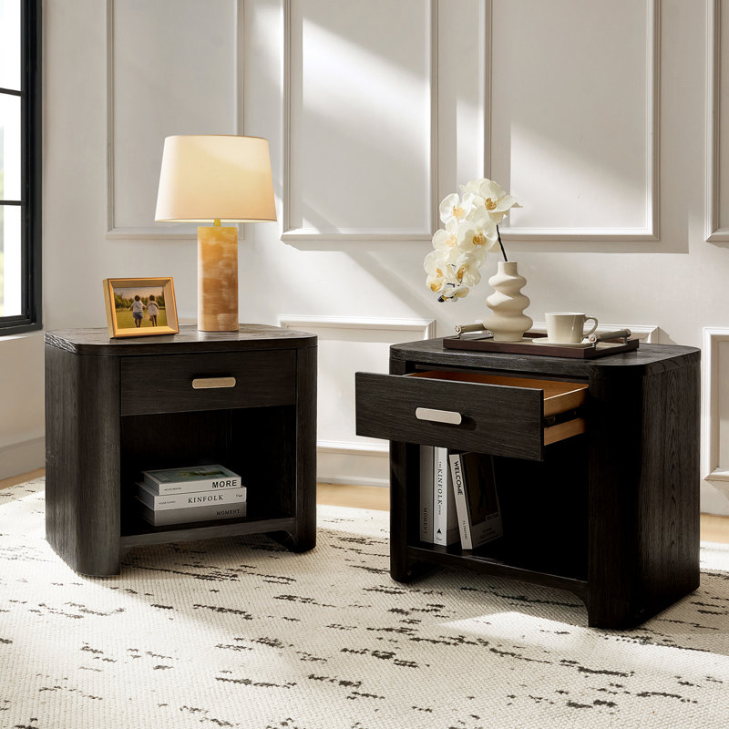 Waynesville Palazzo Modern 28"W 1 Drawer Fully Assembled Oak Wood Nightstand with Built-In Powerstation and USB, Black