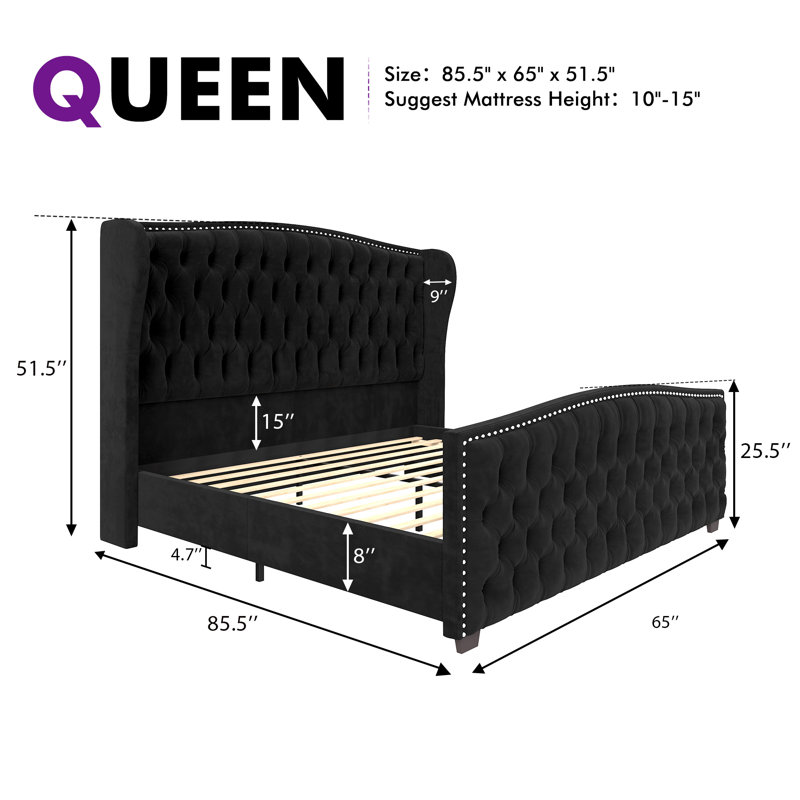 DuJuan Deep Button Tufted Upholstered Queen Bed with Nailhead Trim Wingback Headboard, Black, Queen, Black