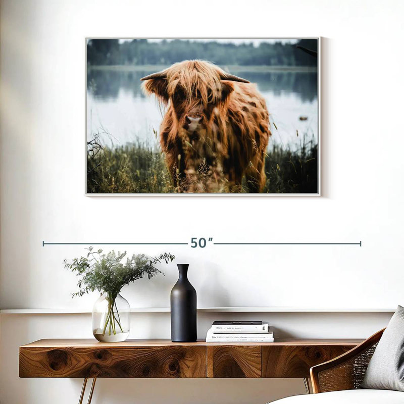 Vache Lakeside Highland, Cadre flottant blanc, 37 po x 25 po