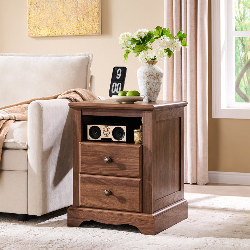 End Table with Charging Station and 2 Drawers, Light Walnut