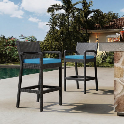 Wicker Outdoor Bar Stools Set of 2 Tall Patio Chairs with Arms for Balcony Garden Pool Deck Backyard