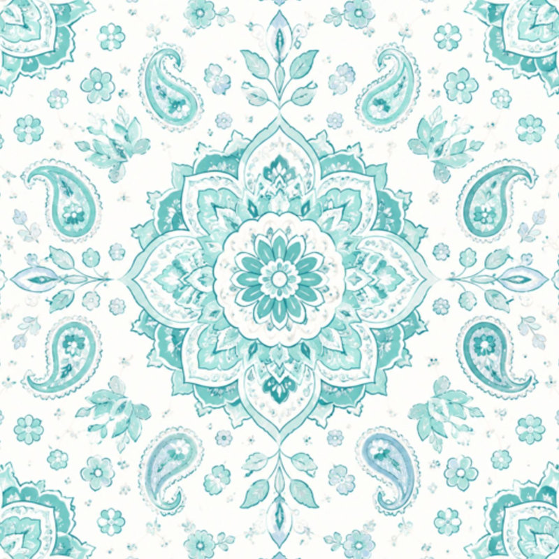 Papier peint auto-adhésif mandala sans soudure Turquoise blanc à motif de motifs indiens traditionnels, L 17,7 po x L 118 po