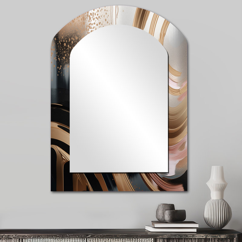 Or et rose vibrant tourbillons III - miroir unique de forme irrégulière en marbre, grand miroir mural asymétrique doré, impression d'art en métal