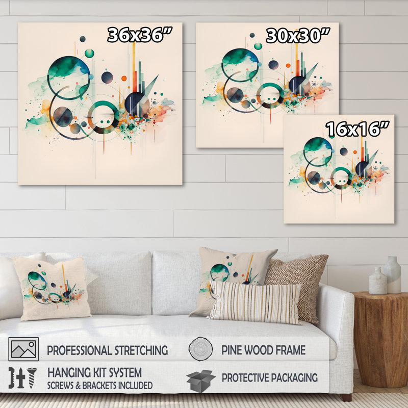 Art géométrique multicolore aquarelle II - peinture sur toile, H 16 po x l 16 po x P 1 po, Toile tendue