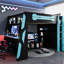 Lit mezzanine double en bois de couleur bleu nuage avec rangement sous le comptoir, éclairage et bureau latéral pour un espace de jeu parfait.