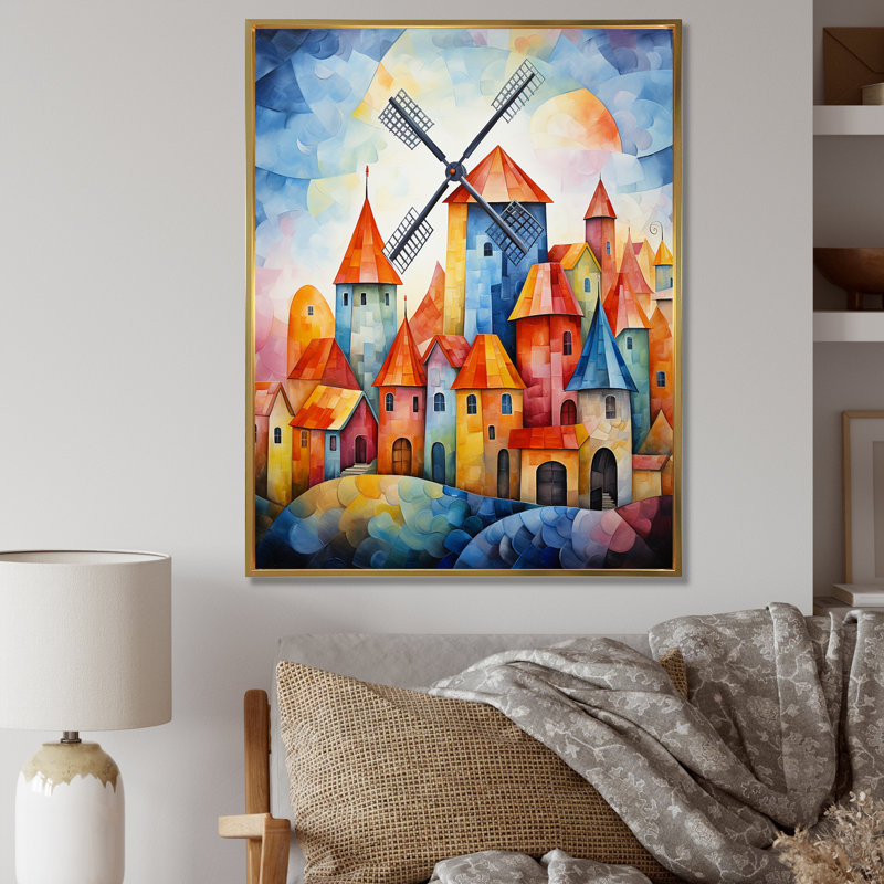 «Colorful Windmill Village II - Wind Turbines», art mural, Encadrement doré, H 40 po x l 30 po