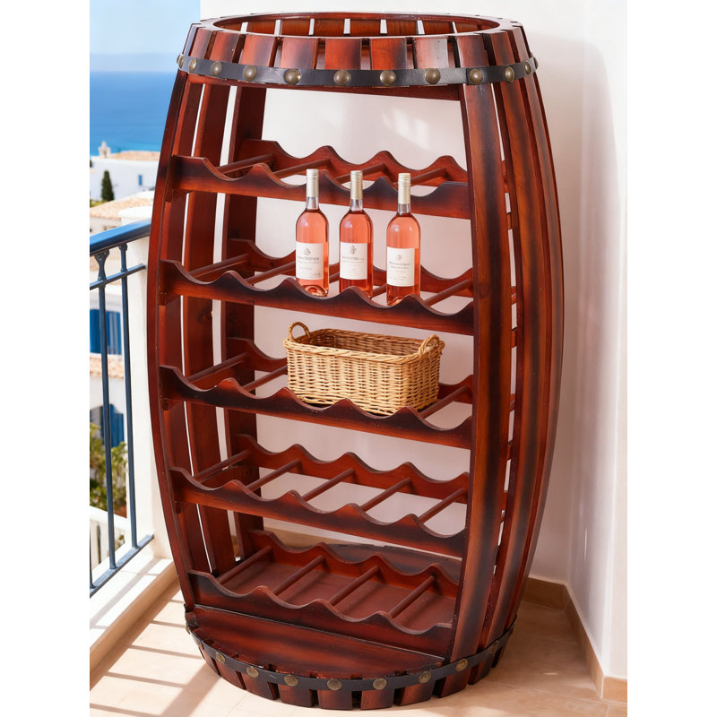 Support à vin rustique en bois en forme de tonneau avec accents cloutés, pouvant contenir 23 bouteilles de vin horizontalement et doté d'une tablette supérieure pratique