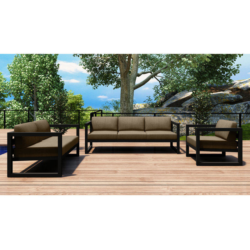 Avion 3 Piece Sofa Loveseat Set, Canvas Heather Beige Sunbrella® Canvas, Slate