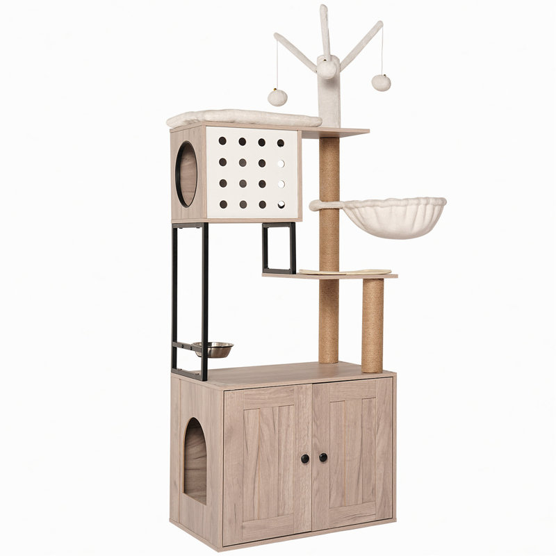 Cat Tree with Litter Box, Removable Pompom Sticks, Scratching Posts