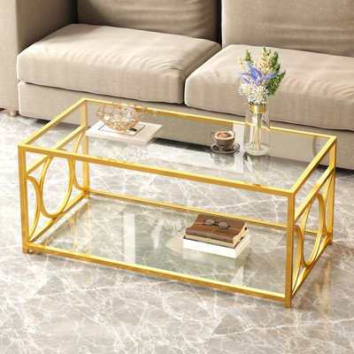 Table basse en verre de luxe moderne avec structure en métal doré, table basse rectangulaire avec tablette de rangement inférieure, table de centre Art déco pour le salon