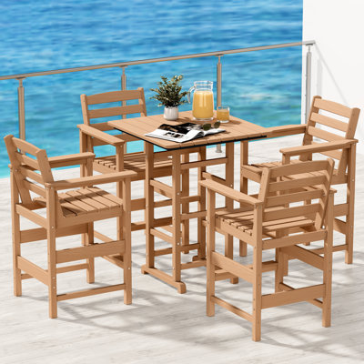 5-Piece HDPE Outdoor Bar Set – 4 Tall Bar Chairs & 1 Square Table, All-Weather Patio Furniture for Poolside, Garden, or Balcony