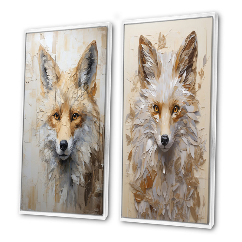 Minimalisme beige renard Portait - ensemble de 2 impressions sur toile renard, Cadre blanc, H 40 po x l 41 po