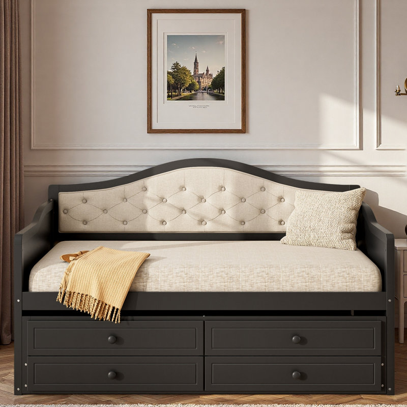 Wooden Daybed With Trundle, 2 Storage Drawers And Upholstered Button Tufted Backrest, Black