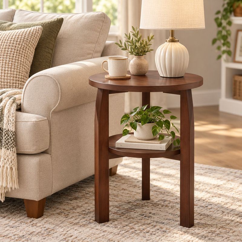 Solid Wood Round 2-Tier End Table Storage Shelf Living Room, Bedroom