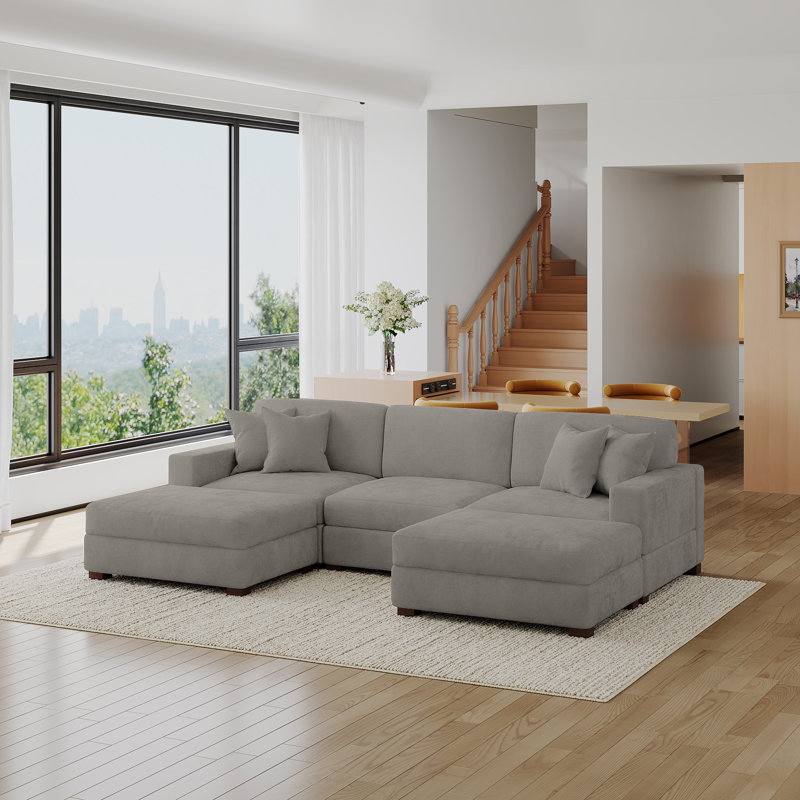 Canapé modulaire rembourré en chenille 5 pièces avec coussins décoratifs et repose-pieds amovibles 5 pièces, Gris chenille