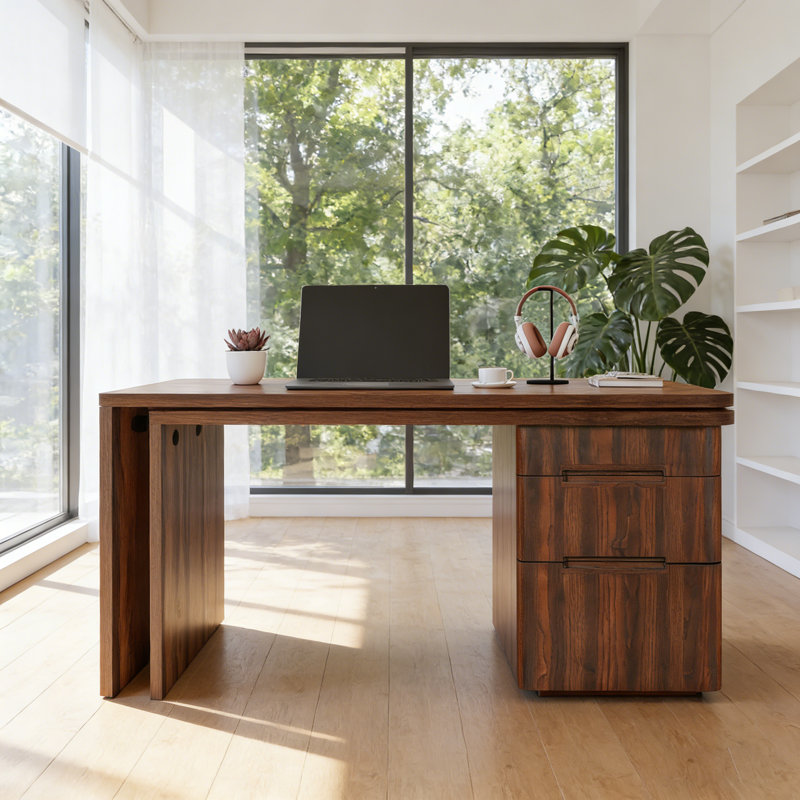 Bureau en L 90 po en bois naturel avec 3 tiroirs, bureau rotatif à 360 ° en bois naturel, bureau de direction, bureau d'angle, bureau d'étude