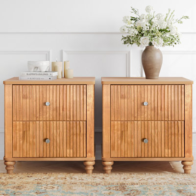 Fluted Nightstand 2-Piece Set, 21.65" Wide Side Table with 3 Drawers, Mid Century Modern Wood NightStand with Metal Handle, Wooden Bedside End Table for Bedroom, Living Room, CloSet, Natural