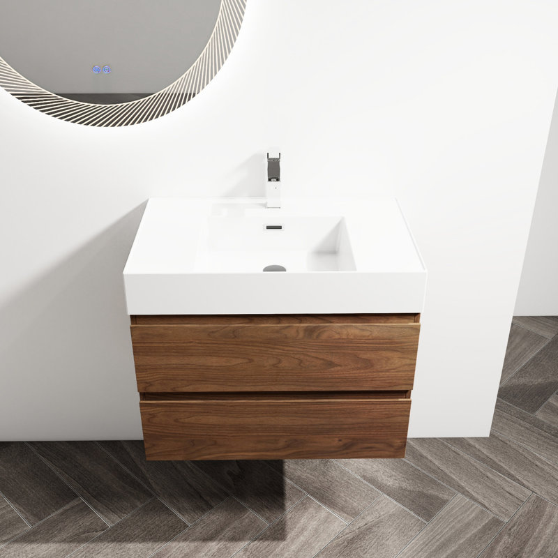 Meuble-lavabo de salle de bain 30 po avec lavabo en résine et 2 tiroirs à fermeture en douceur. Fixé au mur, style contemporain. Fabrication moderne en contreplaqué. Base