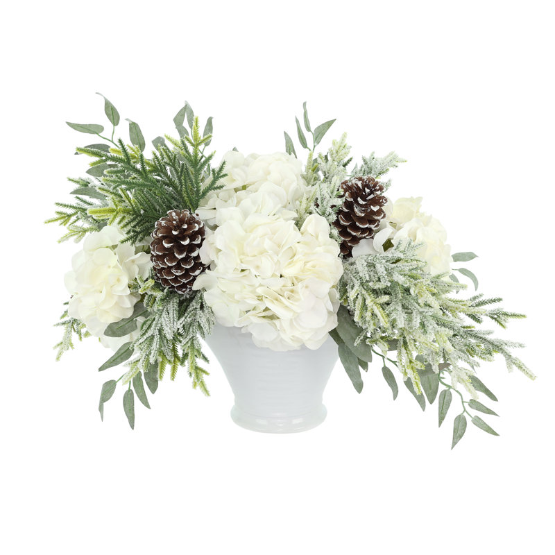 Holiday Arrangement with Sage, Hydrangeas and Pinecones