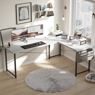 Lifefair L-Shaped Computer Desk Corner Home Office Desks Work Table with Multiple Shelves Drawer Brown