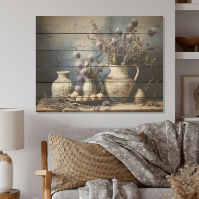 Thistle Farmhouse Still Life - Chardon, art sur bois de pin naturel