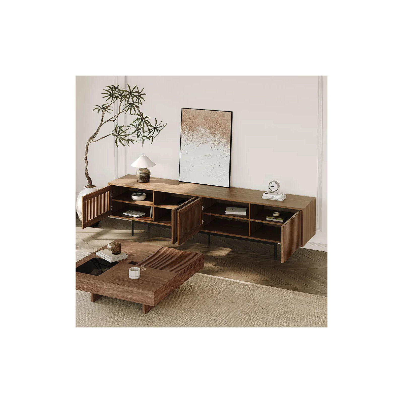 Daila Media Console, 21.26" H x 95" W x 18.89" D, Walnut