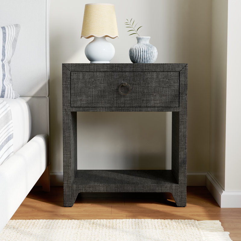 Cleo Wood Raffia 1-Drawer Nightstand, Charcoal Gray