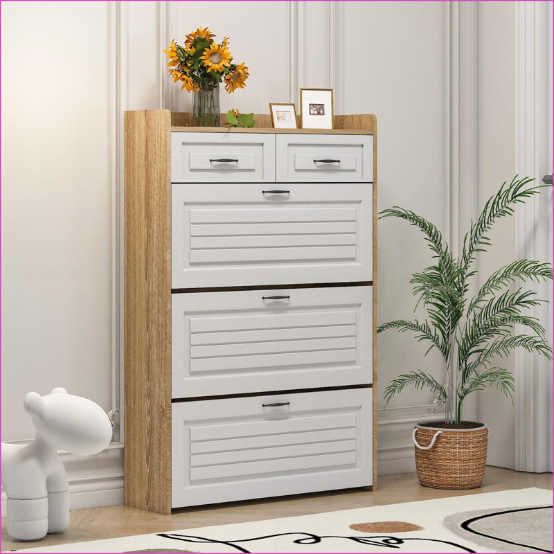 Range-chaussures blanc cassé & amp; Grand rangement noyer brun avec 3 portes et 2 tiroirs | Panneau de particules et panneau de fibres à densité moyenne | Moderne