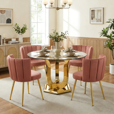 47.2" Round Glass Dining Table Set For 4, 5-Piece Modern Dining Set With Tempered Glass Table & Velvet Metal Chairs, For Small Space Apartment Dining Room