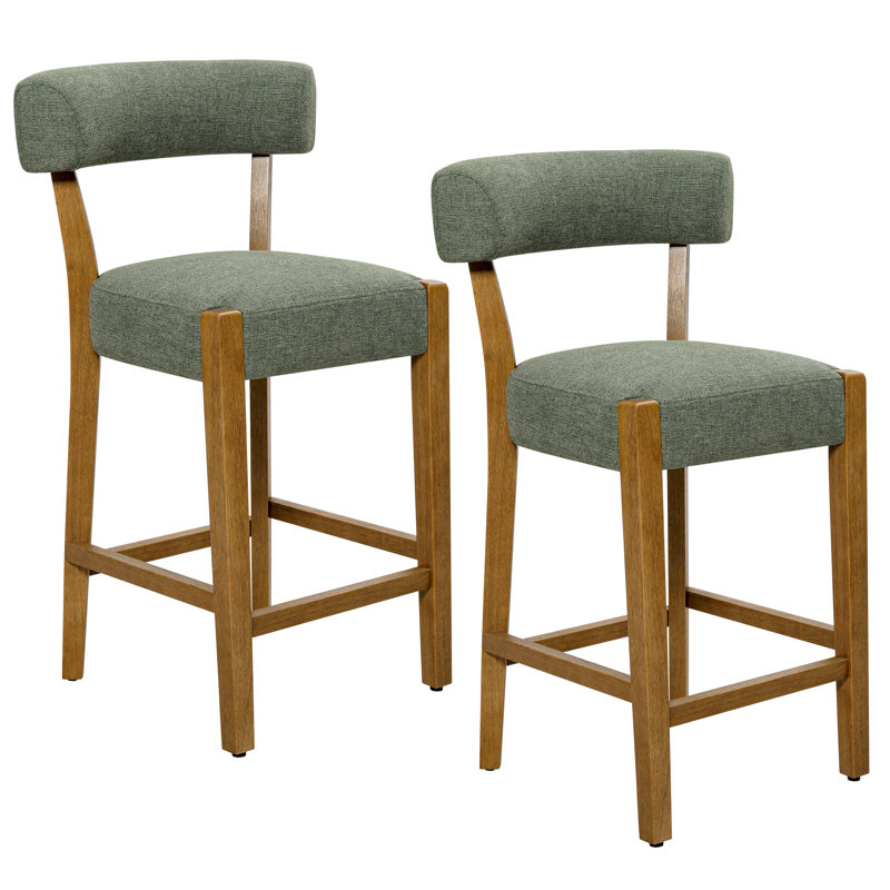 26" Upholstered Counter Height Bar Stool with Solid Wood Frame, Green Linen / Brown Frame, 2