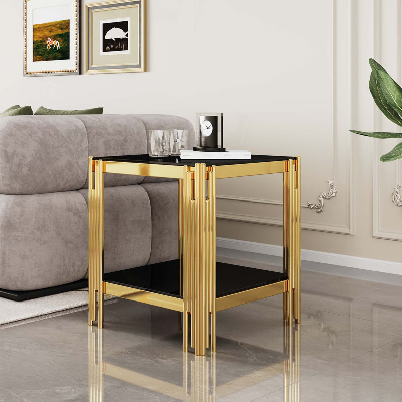 Table de bout en verre trempé à double couche supérieure et inférieure avec cadre en acier inoxydable à finition miroir