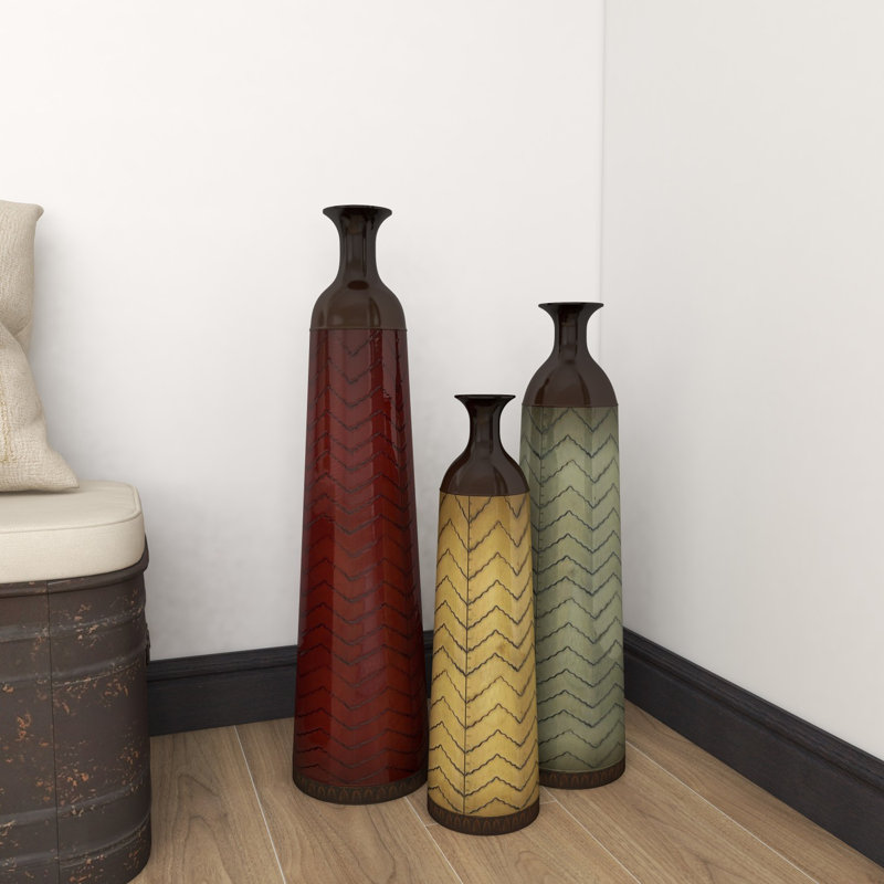 Waltham Multi Colored Metal Tall Enameled Bottleneck Floor Decorative Vase with Chevron Pattern