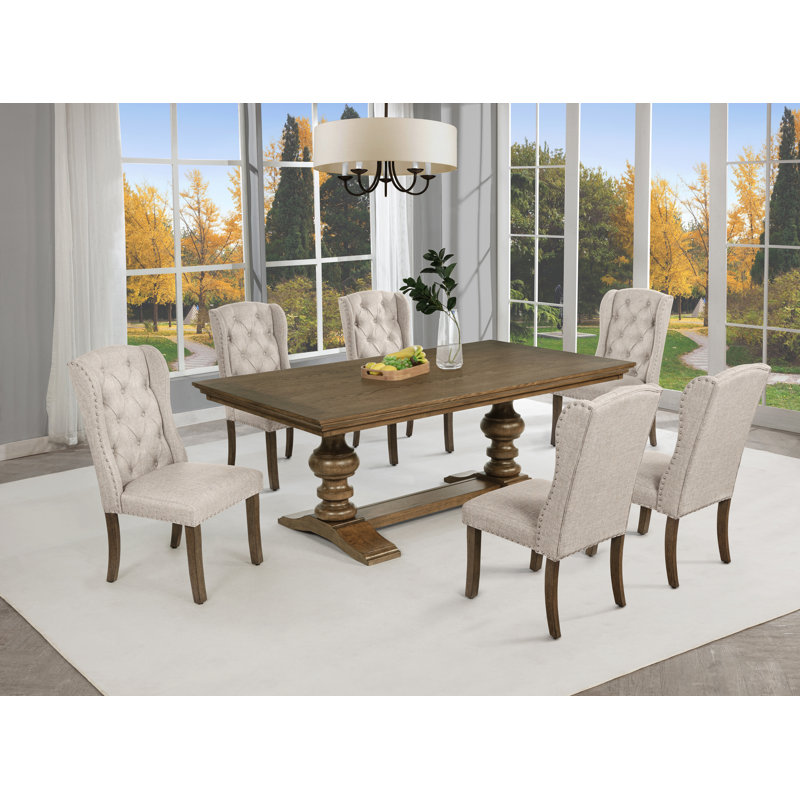 Ensemble de salle à manger de style traditionnel avec chaises capitonnées et garniture cloutée, Beige