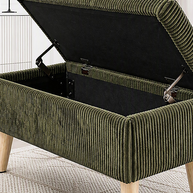 Banc de rangement en velours côtelé 32 pouces avec compartiment rabattable et pieds en bois massif, Green