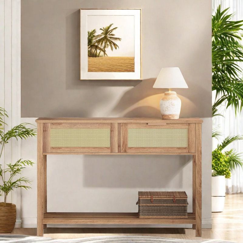 Console Table With 2 Rattan Drawers And Open Storage Shelf, Brown