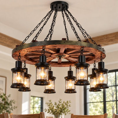 31.5 Inch Vintage 8 - Light Wooden Wagon Wheel Chandelier