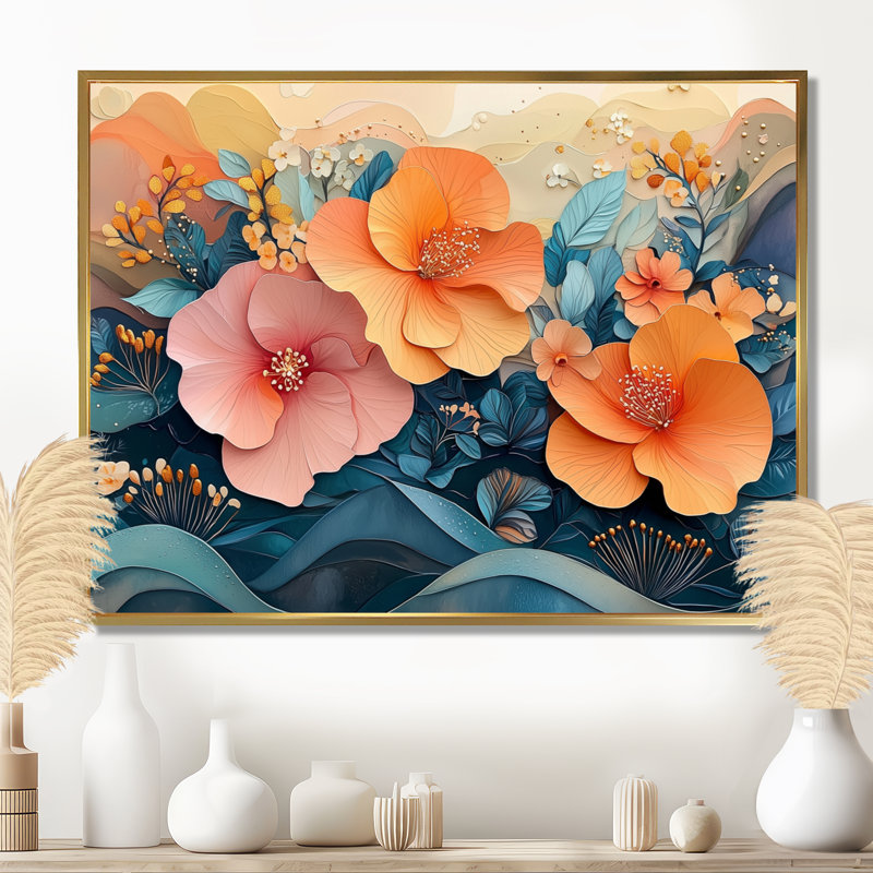 Hibisuc tropical dans une symphonie côtière III - Hibiscus, art mural, H 30 po x l 40 po, Cadre flottant, Doré