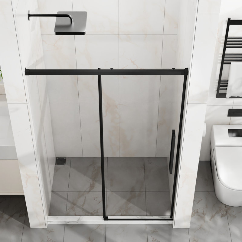 Porte de douche de 48 à 72 po, verre trempé épais de 6 mm, revêtement facile, finition noire mate, roulettes en acier inoxydable, ouverture réversible, performance imperméable et bon fonctionnement pour le verre de la salle de bain