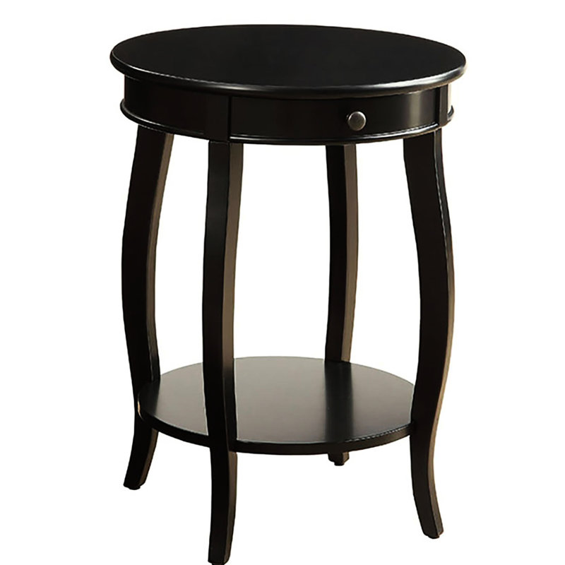 Table de bout en bois noir avec tiroir et tablette inférieure, ronde pour un rangement pratique