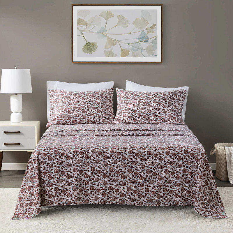 100% flanelle de coton 4 pièces drap complet rouille taille florale de luxe pour matelas de 18 po de hauteur doux brossé confort ajusté pré-rétréci comprend 2 taies d'oreiller plates