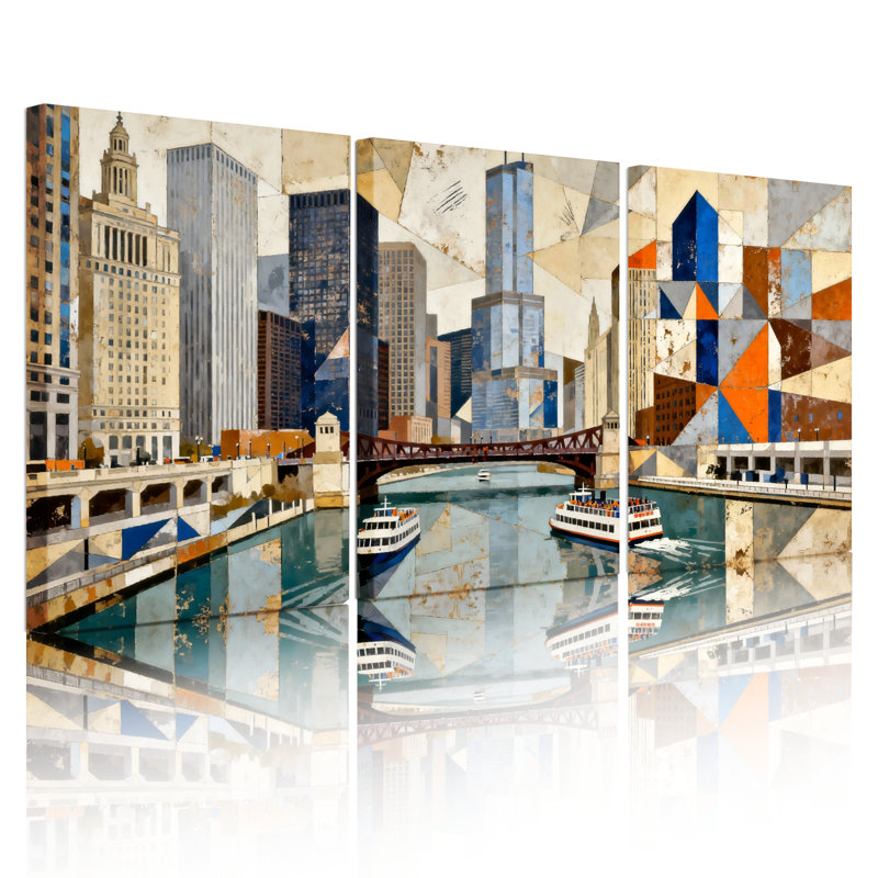 Tableau abstrait sur toile tendue représentant un paysage urbain de Chicago (ensemble de 3), H 18 po x l 36 po