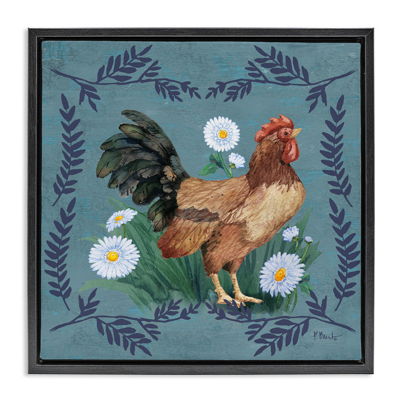 «Rooster & Daisies», art mural encadré par Paul Brent, Cadre flottant noir de jais, H 18 po x l 18 po