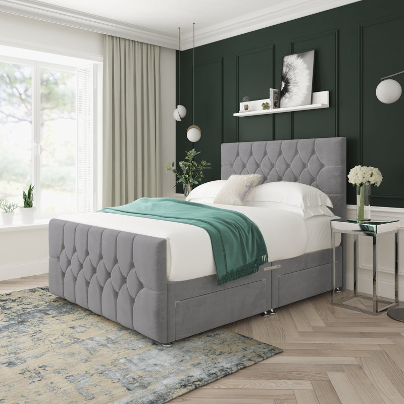 Upholstered Divan Bed, Super King (6'), Silver, 4 Drawers